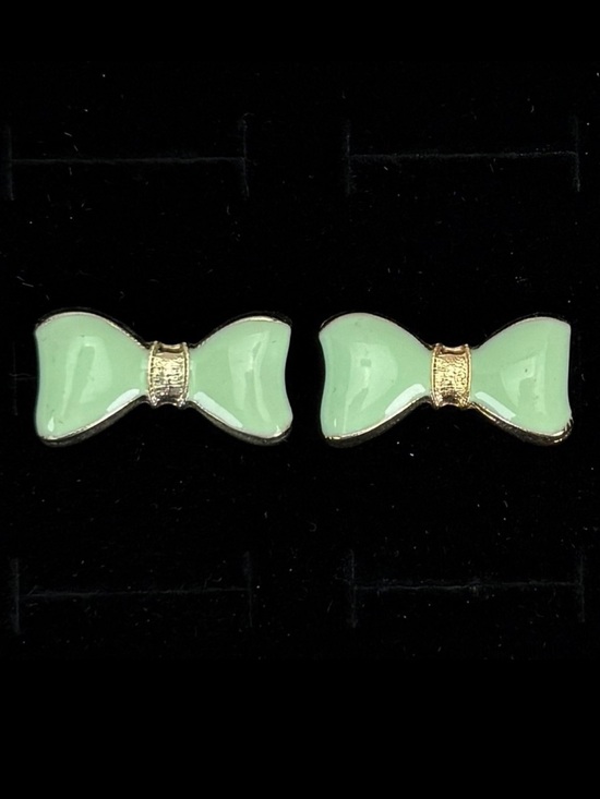 Jewelry - Vintage light goldtone, pastel Blue green bow design pierced earrings